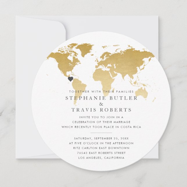 Invitation de mariage voyage sur carte du monde ré (Devant)