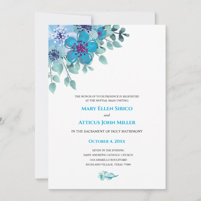Invitation de masse nuptiale florale bleu aquarell (Devant)