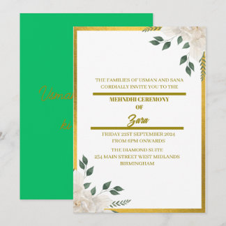 Invitation de mehndi florale verte et or sur mesur