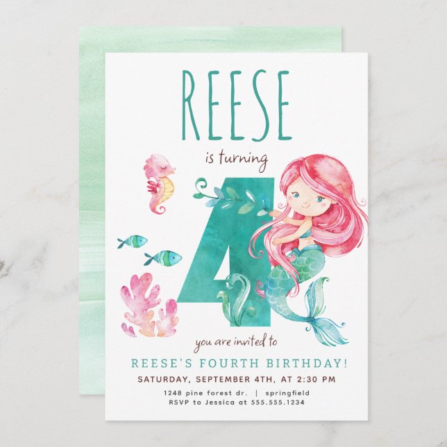 Invitation de Mermaid 4e anniversaire (Devant / Derrière)