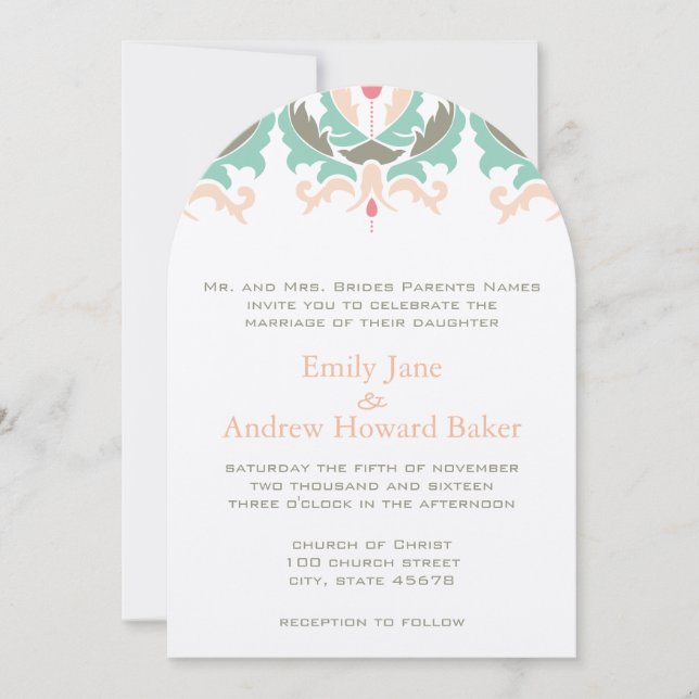 Invitation de Mint Coral Peach Mariage damassé (Devant)