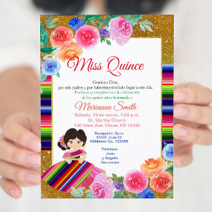 Invitation de Miss Quince mexicaine rose florale Q
