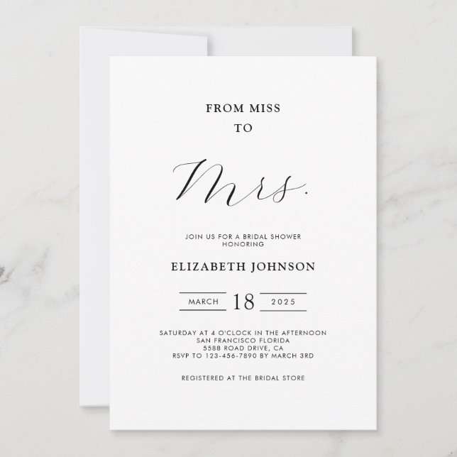 Invitation De Mlle à Mme Fête des mariées minimale (Devant)