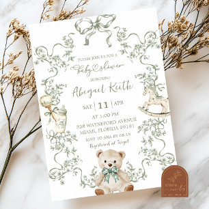 Invitation de naissance garçon toile de Jouy vert
