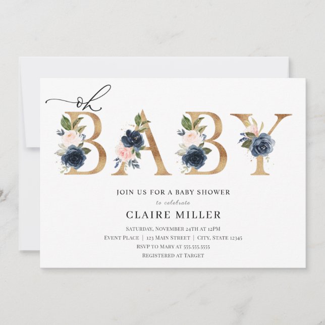 Invitation de Navy et Blush Oh Baby shower (Devant)