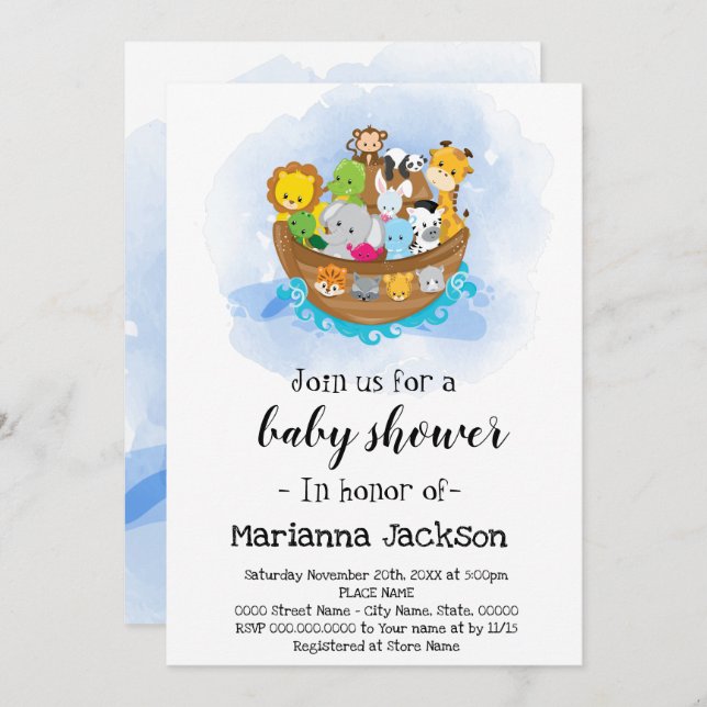 Invitation de Noah's Ark Baby shower (Devant / Derrière)