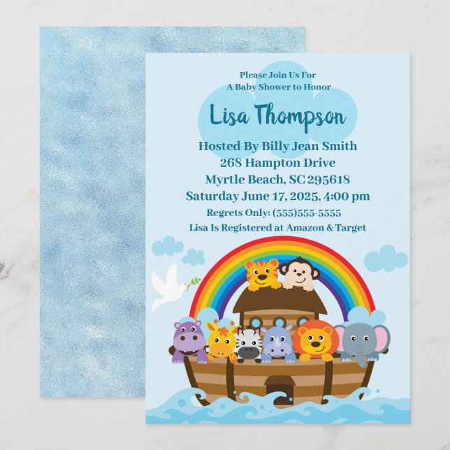Invitation de Noah's Ark Baby shower (Devant / Derrière)