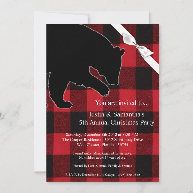 Invitation de Noël 5x7 Ours Noir rouge Plaid (Devant)