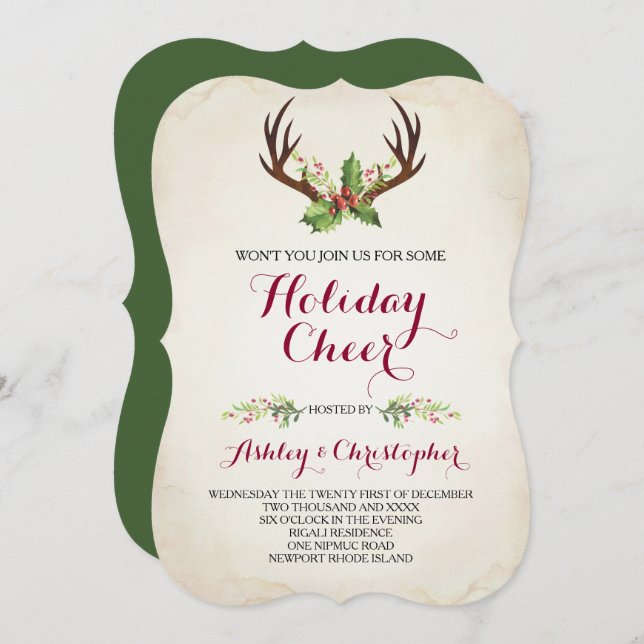 Invitation de Noël Boho ~ Rustic Deer Antler (Devant / Derrière)