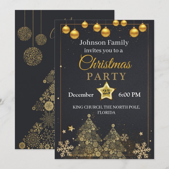 Invitation de Noël | Invitation dorée (Devant / Derrière)