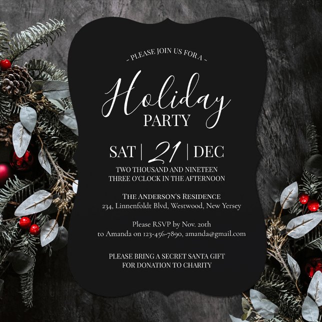 Invitation de Noël noir et blanc moderne (Modern Holiday party invitation black and white simple)