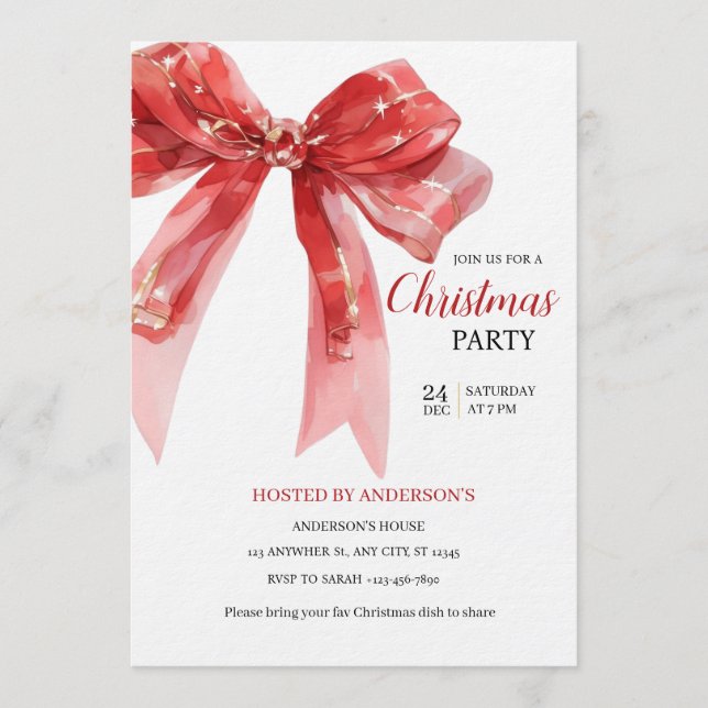 Invitation de Noël Red Bow - Invitation moderne (Devant)