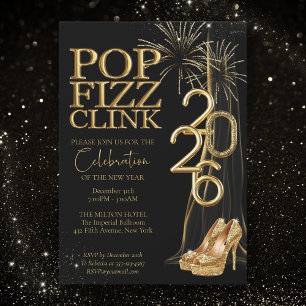 Invitation de Nouvel An Black Gold Pop Fizz Clink