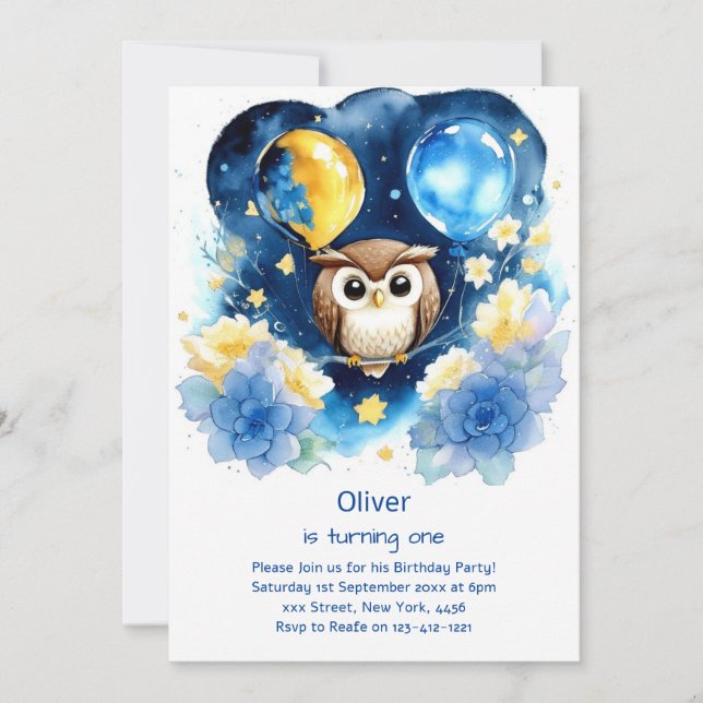 Invitation de Owl First Birthday (Devant)