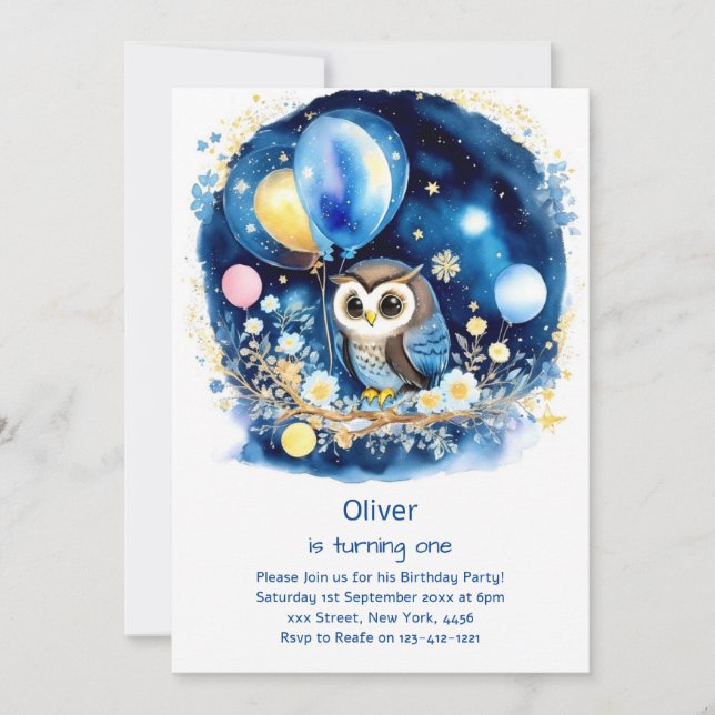 Invitation de Owl First Birthday (Devant)