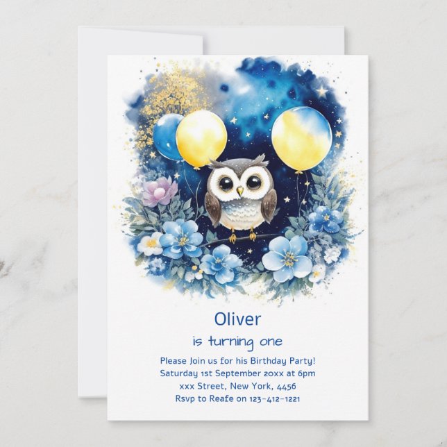 Invitation de Owl First Birthday (Devant)