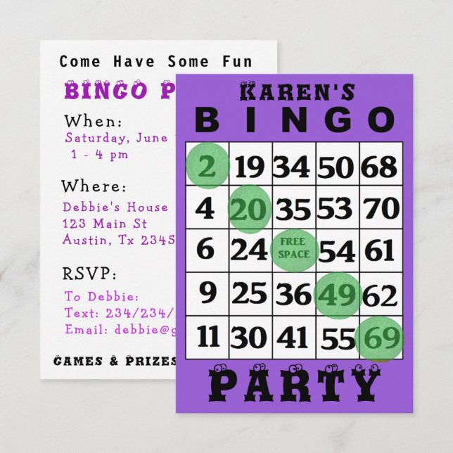 Invitation de partie de BINGO-TEST (Devant / Derrière)
