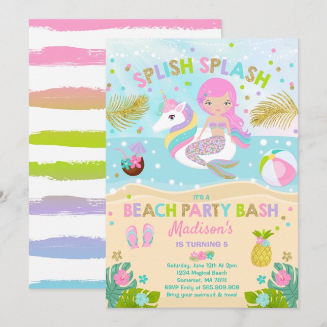 Invitation de partie de plage de licorne et de (Devant / Derrière)