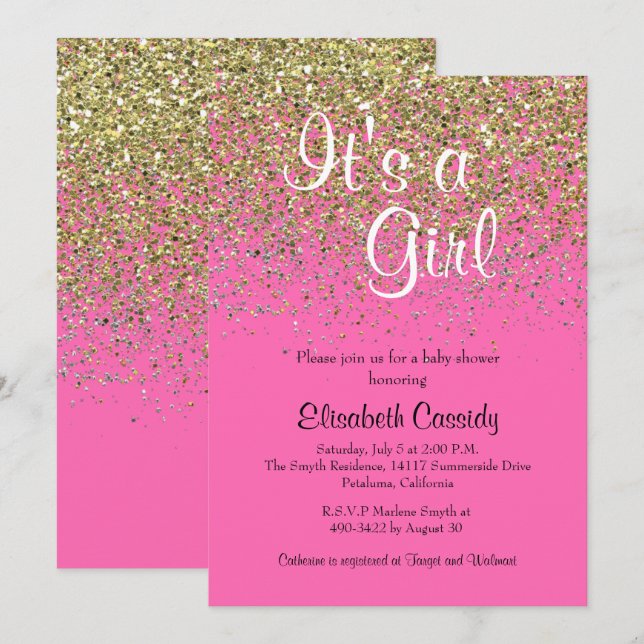 Invitation de Parties scintillant Hot Pink & Gold (Devant / Derrière)