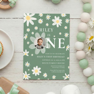 Invitation de photo de 1er anniversaire Daisy vert