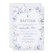 Invitation de photo de baptême à fleurs bleues