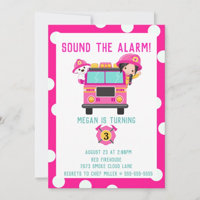Invitation de pompier Pink Fire Truck Kids (Devant)