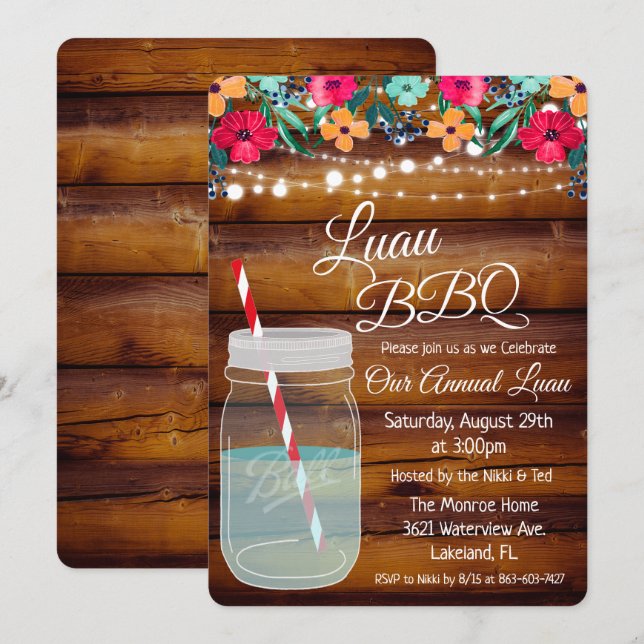 Invitation de pot de mason Luau Aloha (Devant / Derrière)