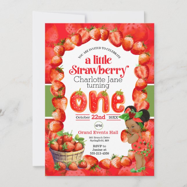 Invitation de premier anniversaire de fraise (Devant)