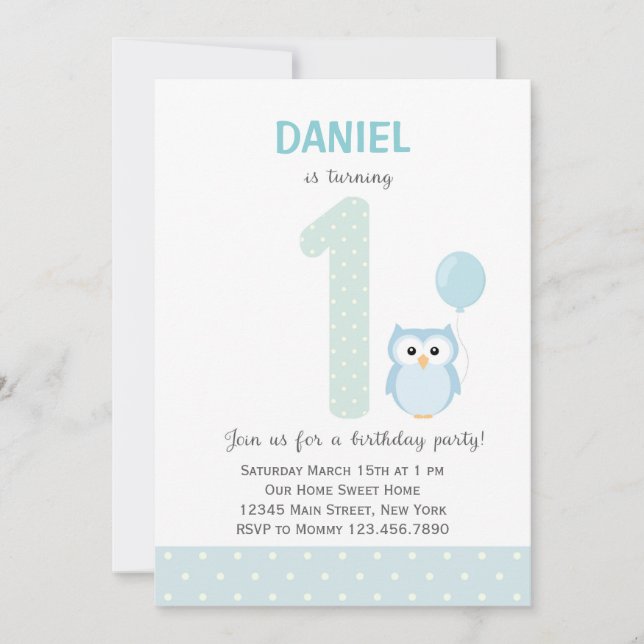 Invitation de premier anniversaire de Owl (bleu) (Devant)