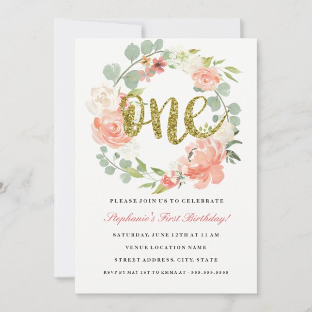 Invitation de première année Pink Gold Floral Wrea (Devant)