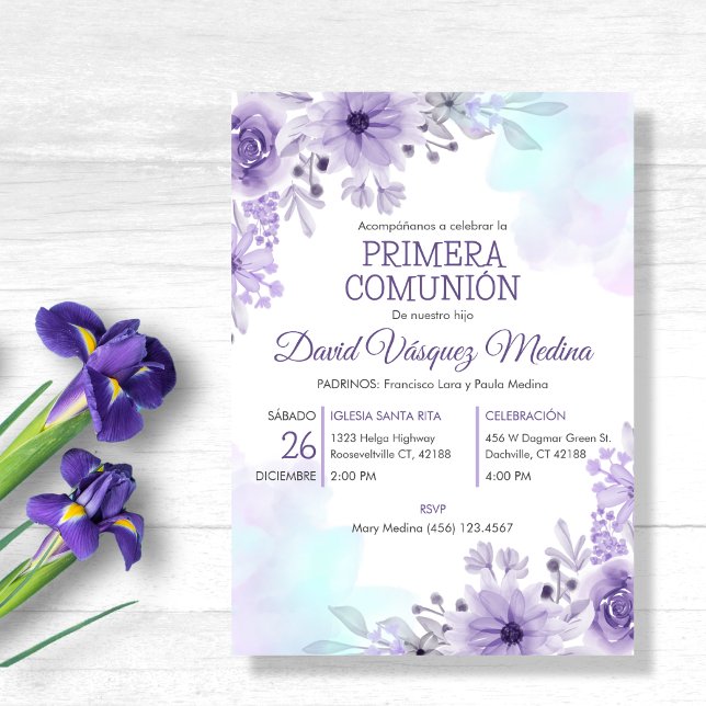 Invitation de Première Communion Fleurs Violettes  (Créateur téléchargé)