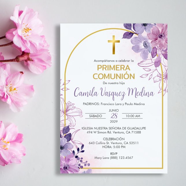Invitation de Première Communion Fleurs Violettes  (Créateur téléchargé)
