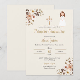 Invitation de première communion florale beige