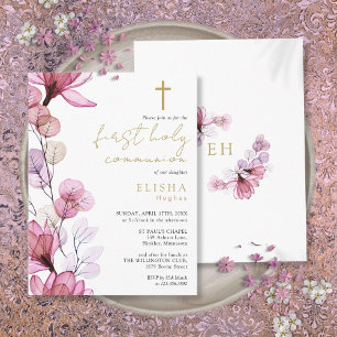 Invitation de première communion florale rose poud