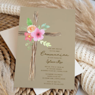 Invitation de première communion florale rustique