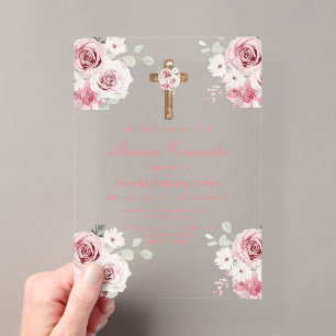 Invitation de première communion rose rose en espa