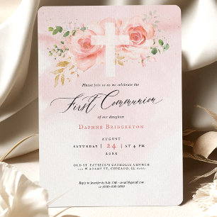 Invitation de première communion roses rose et or