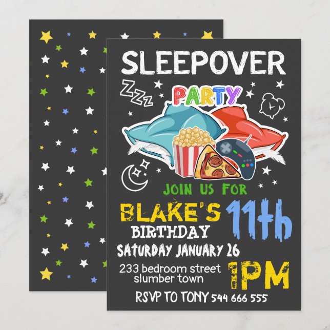 Invitation de Pyjama Party pour Garçons - ANNIVERS (Devant / Derrière)