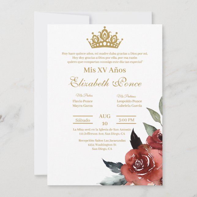 Invitation de Quinceanera à fleurs rouges (Devant)