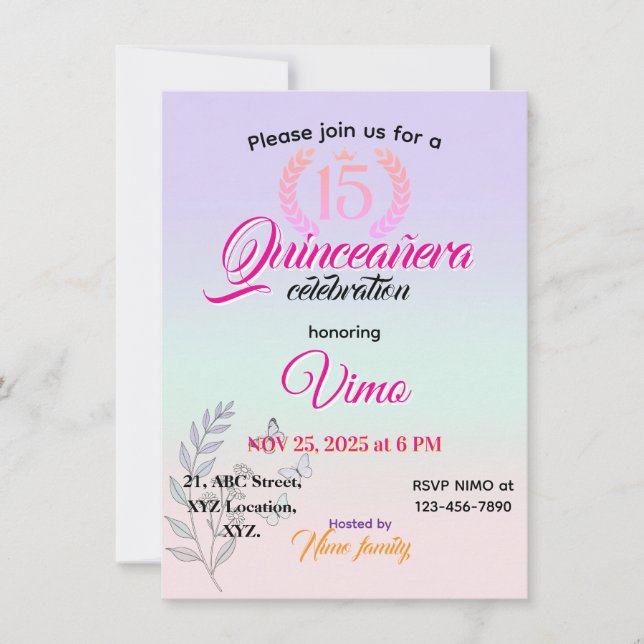 Invitation de Quinceañera à l'art botanique élégan (Devant)