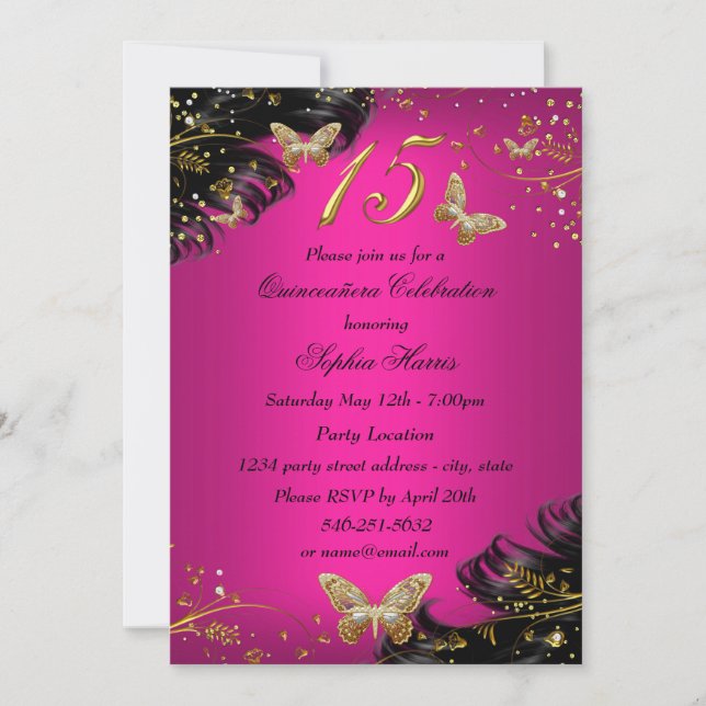 Invitation de Quinceanera à papillon rose et or ét (Devant)