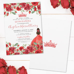 Invitation de Quinceañera aux Roses Rouges Aquarel
