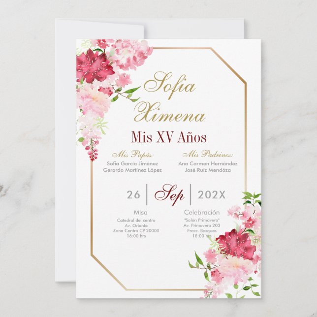 Invitation de quinceañera avec cadre rose (Devant)