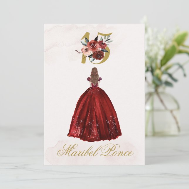 Invitation de Quinceañera beige Bourgogne en espag (Debout devant)