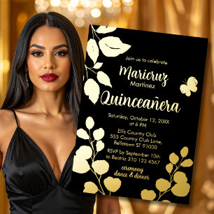 Invitation de Quinceañera Botanical Black Gold Foi