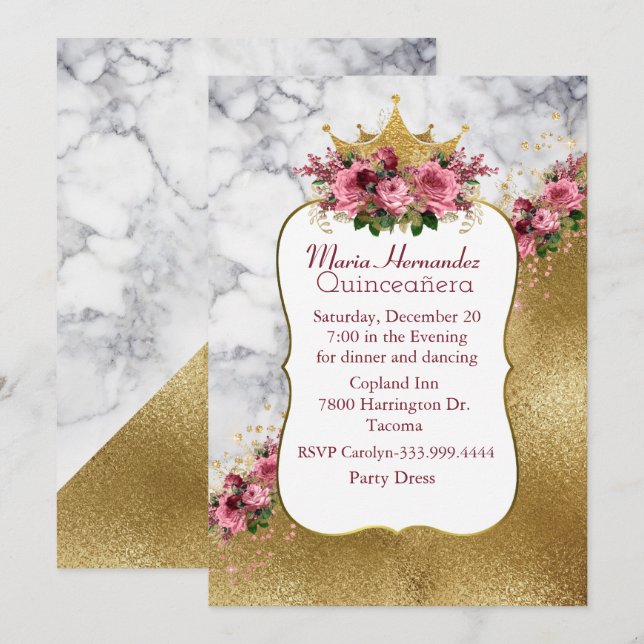 Invitation de Quinceañera de la Couronne marbrée e (Devant / Derrière)