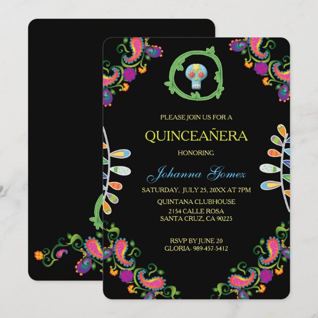 INVITATION DE QUINCEAÑERA DIA DE LOS MUERTOS (Devant / Derrière)