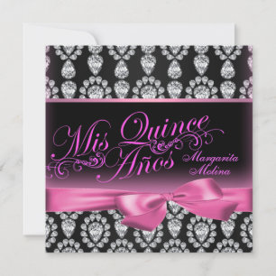 Invitation de Quinceanera Diamant Rose/Noir & Nœud