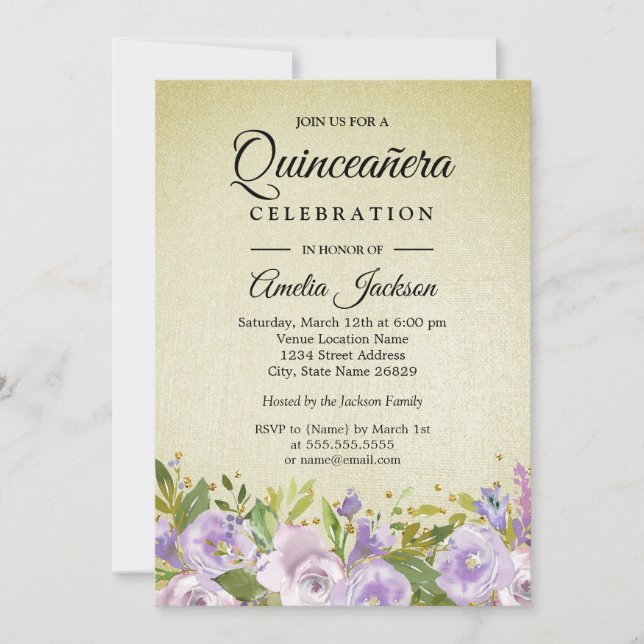Invitation de Quinceanera doré pourpre floral (Devant)