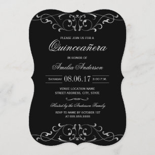 Invitation de Quinceanera Elégante en argent noir